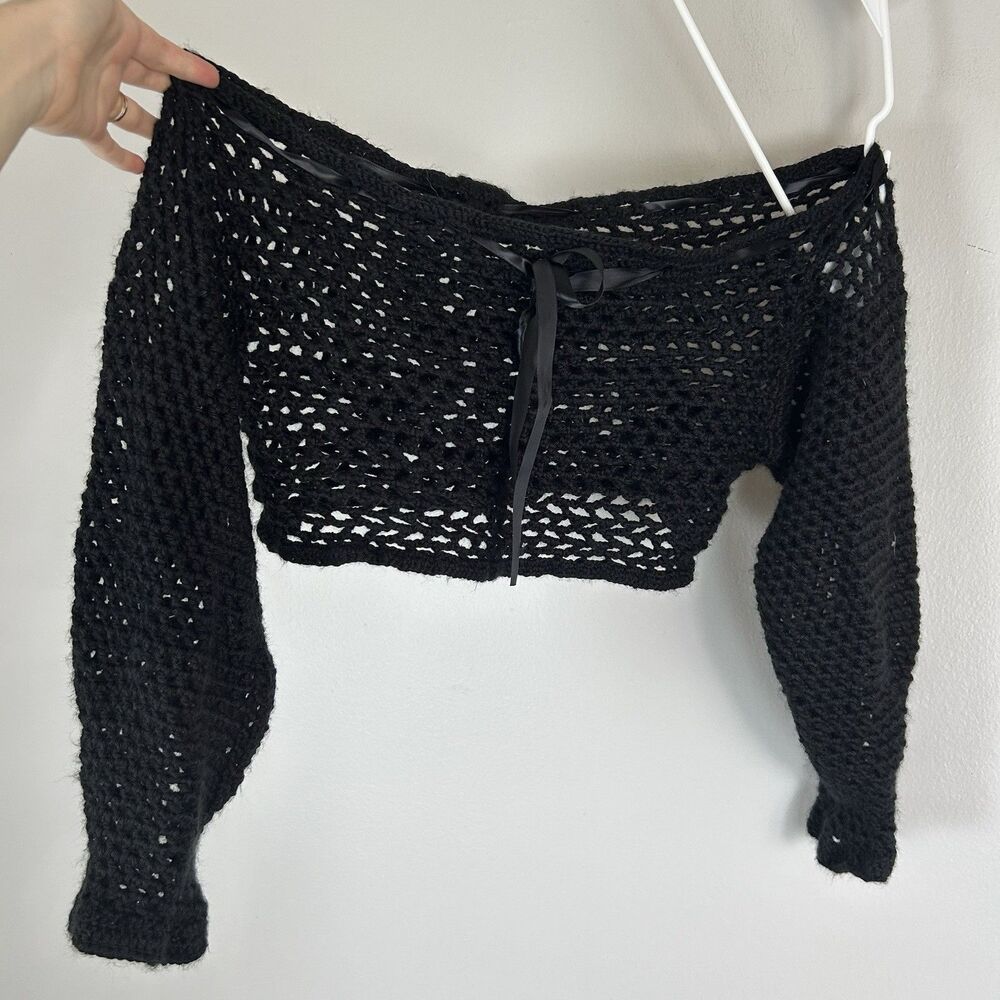 Large Black Crochet Off The Shoulder Handmade Sweater Crop Whimsigoth Eclectic